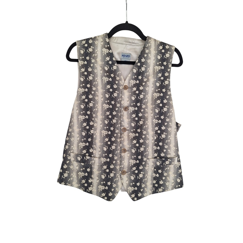 Kenzo Homme Mens Floral Stripe 100% Silk Vest Grey Cream Large